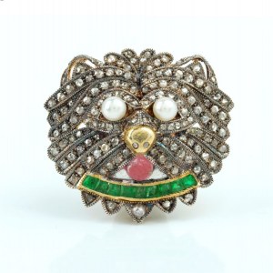 Silver, gilded silver diamond emerald brooch