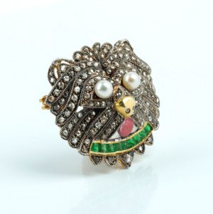 Silver, gilded silver diamond emerald brooch