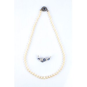 Pearl necklace and gold brooch with diamonds and sapphires