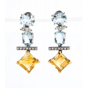 Diamond colored stones gold drop pair of earrings.