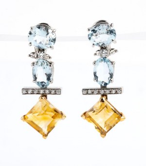 Diamond colored stones gold drop pair of earrings.