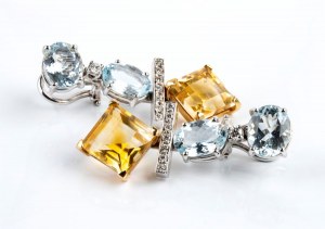 Diamond colored stones gold drop pair of earrings.