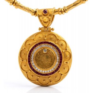 Gold archaeological-style necklace with precious stones