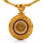 Gold archaeological-style necklace with precious stones