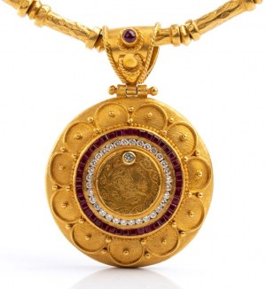 Gold archaeological-style necklace with precious stones