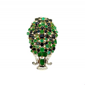 Gold brooch with sapphires, emeralds, and diamonds
