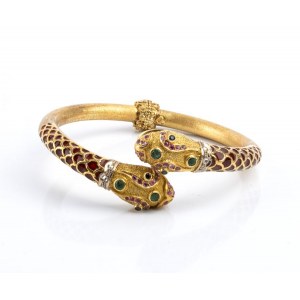 Rigid gold bracelet with enamels, diamonds, rubies, emeralds and sapphires