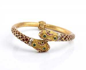 Rigid gold bracelet with enamels, diamonds, rubies, emeralds and sapphires