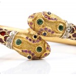 Rigid gold bracelet with enamels, diamonds, rubies, emeralds and sapphires