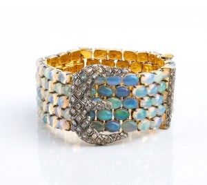 Gold and silver bracelet with diamonds and nobles opals
