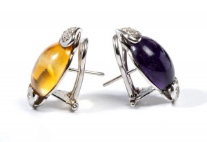 Gold earrings with diamonds and precious stones
