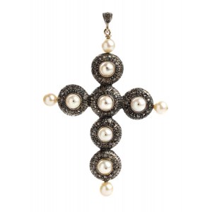 Pendant cross in silver and gold with pearls and diamonds
