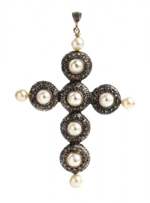 Pendant cross in silver and gold with pearls and diamonds