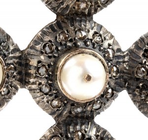 Pendant cross in silver and gold with pearls and diamonds