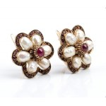 Pearl and rubies floer shaped earrings