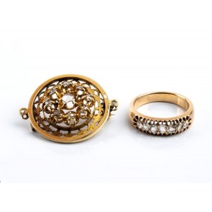Yellow gold diamond pendant-brooch and ring
