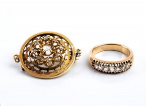 Yellow gold diamond pendant-brooch and ring