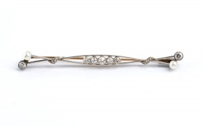 Gold platinum diamond and pearl bar brooch