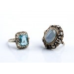 Two gold, silver and platinum rings with sapphire and aquamarine