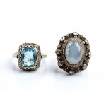 Two gold, silver and platinum rings with sapphire and aquamarine