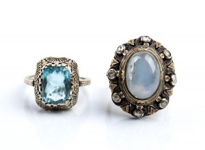 Two gold, silver and platinum rings with sapphire and aquamarine