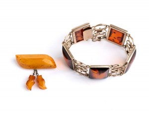 Baltic amber brooch and ambroid gold bracelet