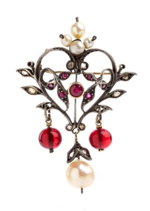 Diamonds pearls synthetic ruby glass paste gold and silver brooch