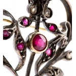 Diamonds pearls synthetic ruby glass paste gold and silver brooch