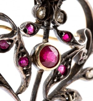 Diamonds pearls synthetic ruby glass paste gold and silver brooch