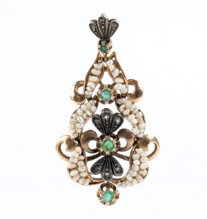 Gold and silver pendant with pearls and emeralds