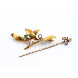 Diamond emerald pearl gold brooch and pin