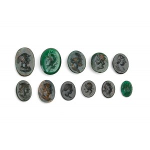 Lot of 10 jasper carvings and one glass paste carving
