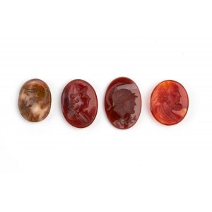 Set of 4 carvings in carnelian and moss agate
