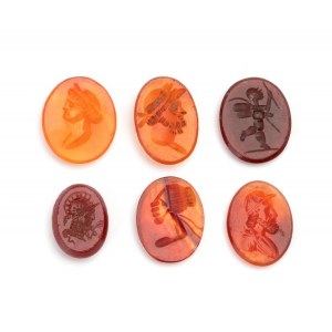 Set of 6 carvings in carnelian, carnelian agate, and glass paste