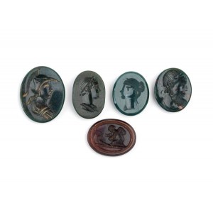 Set of 4 carvings in jasper and moulded glass paste