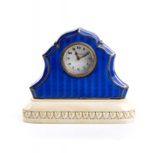 Art Déco silver, guilloché enamel and ivory table clock