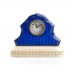 Art Déco silver, guilloché enamel and ivory table clock
