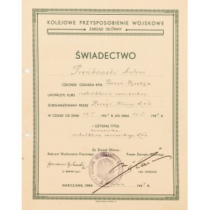 ŚWIADECTWO UKOŃCZENIA KURSU INSTRUKTORÓW NARCIARSTWA, 1938