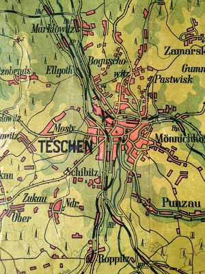 Cieszyn Silesia - Cieszyn - topographical map on canvas - Heimatkarte Kreis Teschen - Cieszyn ca. 1914 [ Cieszyn, Jablonkov, Skoczow, Ustroń , Szczyrk Bielsko, Bohumin, Strumien, Wisla ].