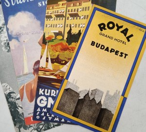 Royal Grand Hotel Budapest and other pre-war European hotel advertising prints [ Orbis Zakopane stamp].