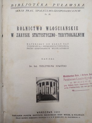 Sowiński M. - Rolnictwo włościańskie w zarysie statystyczno-terytorialnym, Warsaw 1933