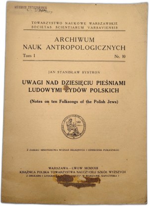 Bystroń J.S. - Uwagi nad dziesięciu pieśniami ludowymi żydów polskich - Warsaw 1923 [ Tatra Museum stamp ].