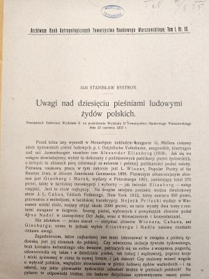 Bystroń J.S. - Uwagi nad dziesięciu pieśniami ludowymi żydów polskich - Warsaw 1923 [ Tatra Museum stamp ].