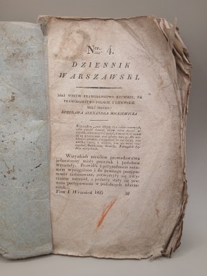 [Adam Mickiewicz - FIRSTRUPT. Improvisation. Aleksander Mickiewicz- Roman law vs. Polish and Lithuanian legislation] Dziennik Warszawski. Volume I No. 4. Warsaw 1825.