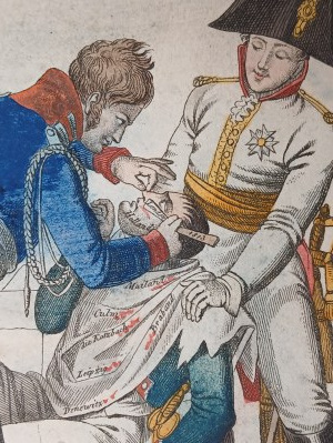 ANTI-NAPOLEONIC CARICATURE. Shaving the emperor with an English razor ca.1813/14