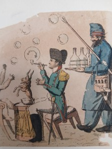 ANTINAPOLEONIC CARICATURE OF THE ERA. NAPOLEON LETS THE EAGLE SOAP BUBBLE.