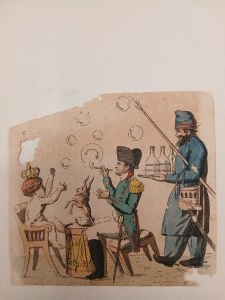 ANTINAPOLEONIC CARICATURE OF THE ERA. NAPOLEON LETS THE EAGLE SOAP BUBBLE.