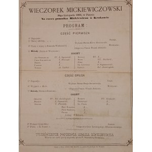 WIECZOREK MICKIEWICZOWSKI. PARYŻ 1882. Na rzecz pomnika Mickiewicza w Krakowie. PROGRAM [DRUK ULOTNY,RZADKIE]