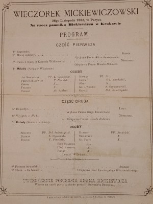 MICKIEWICZ SOIRÉE. PARIS 1882. for the benefit of the Mickiewicz monument in Cracow. PROGRAM [EPHEMERAL PRINT,RARE].