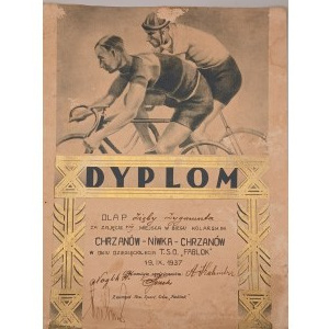 [PIERWSZA FABRYKA LOKOMOTYW W CHRZANOWIE] DYPLOM. BIEG KOLARSKI CHRZANÓW-NIWKA-CHRZANÓW. 1937 ROK. KLUB SPORTOWY FABLOK